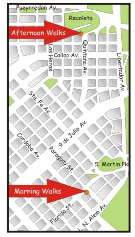 Departure-spots map for Buenos Aires Walking Tours, BA Walking Tours & Buenos Aires Tours (for Buenos Aires Tango pick-up, call)